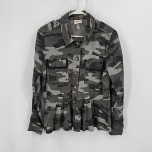 Knox Rose Gray Camo Military Jacket Button Down Peplum Hem -‎ Size M